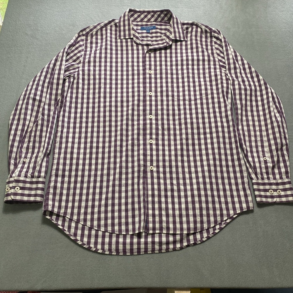 Cole Haan Mens LS Plaid‎ Button Down Burgundy White Large